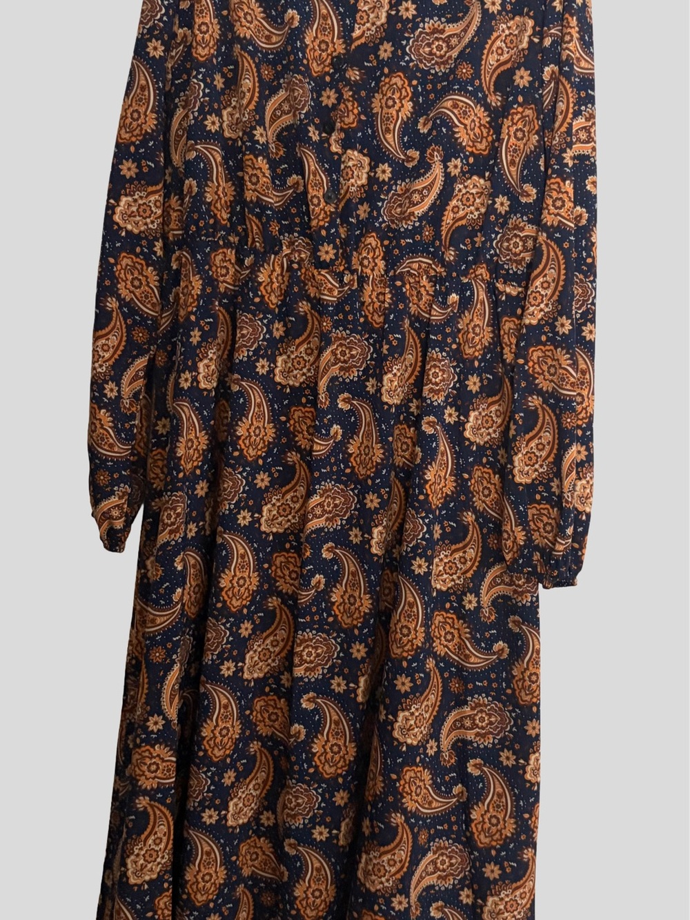 Women's Navy and Brown Paisley Long Sleeve Dress